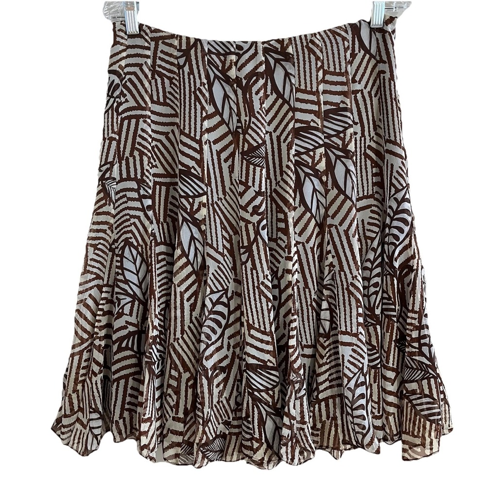 ICE Silk Skirt Sz 8 VTG Leaf Abstract Brown Print Forest Fairy Whimsical Flowy